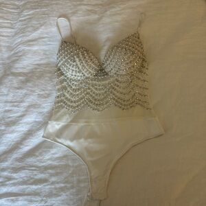 Elegant White & Silver Beaded Bodysuit